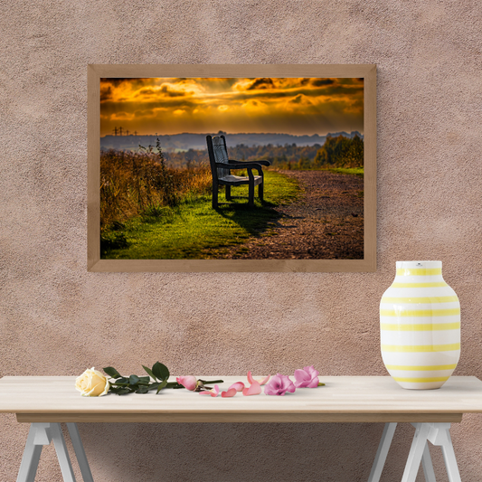 Memorial Bench Under Golden Skies | Peaceful Landscape Wall Art