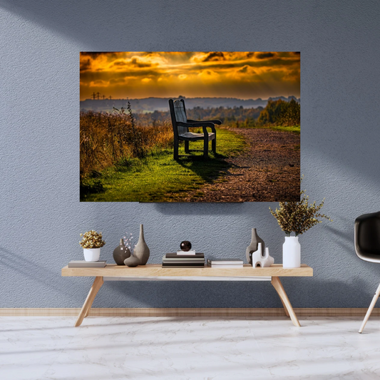 Memorial Bench Under Golden Skies | Peaceful Landscape Wall Art