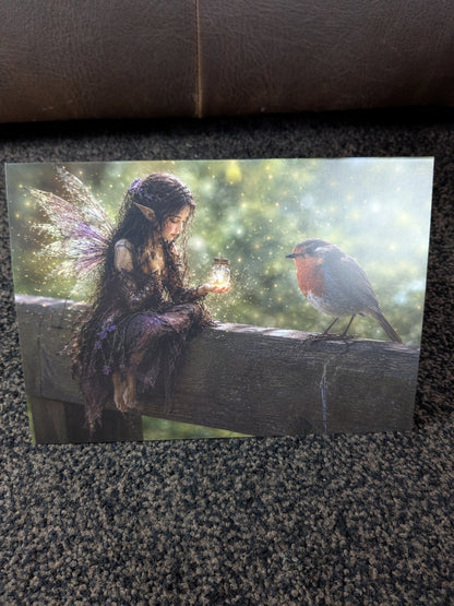 The Robins light/Nature with a Touch of Magic Greeting Card | A5 Blank Card | Wildlife & Nature Art